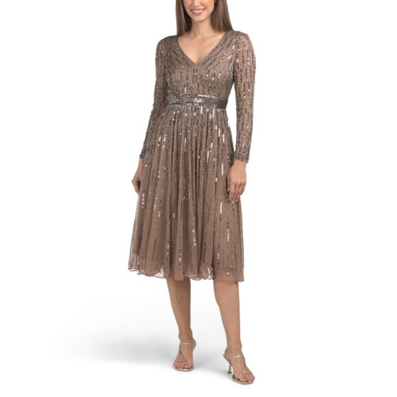 MAC DUGGAL Dark Taupe Sequin Embellished Long Sleeve Tea-length Dress